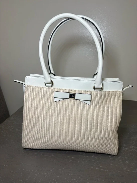 Kate Spade New York Ivory Beige Woven Bow Satchel Bag Gold Hardware - Picture 3 of 11